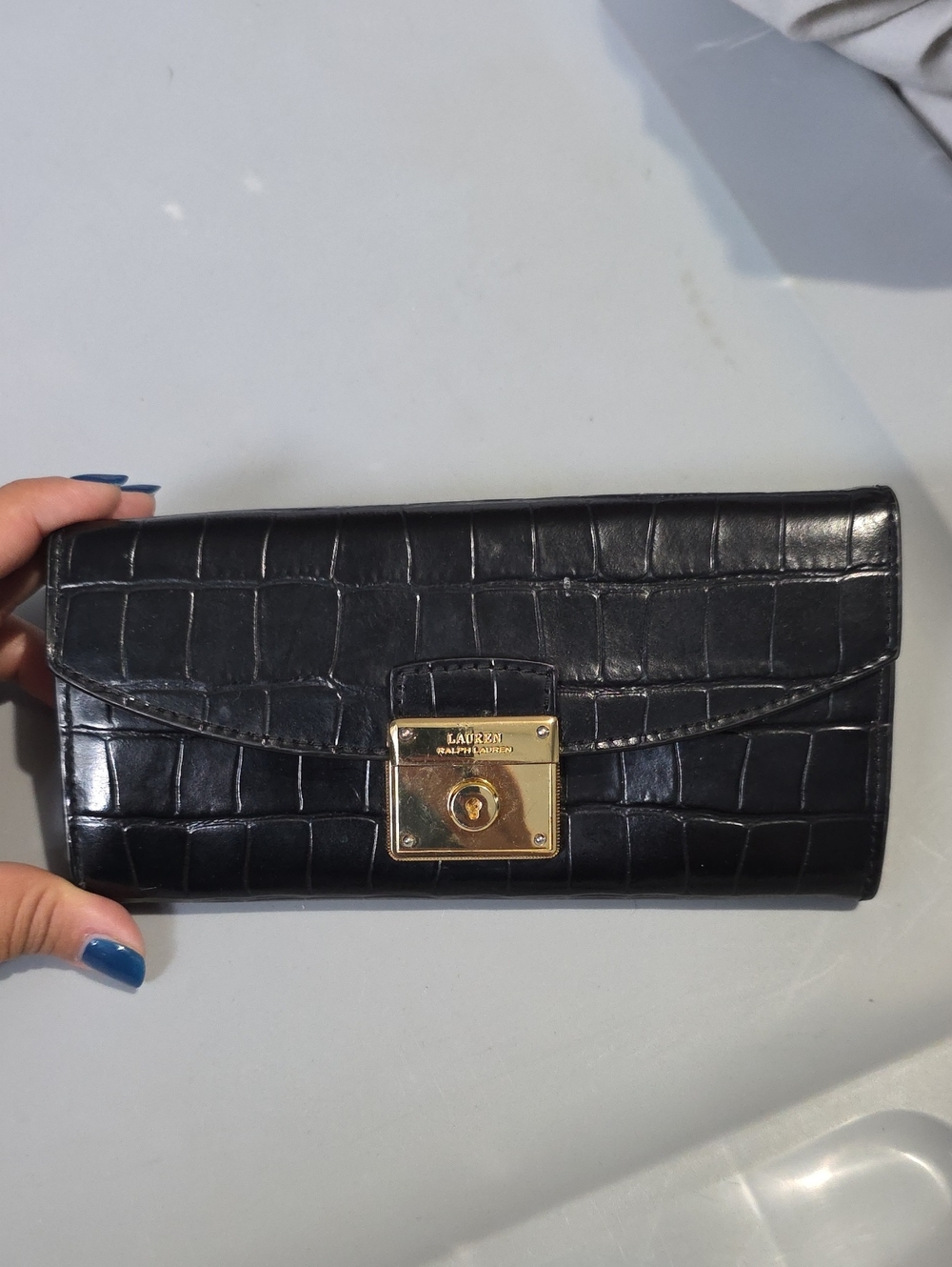 Lauren Ralph Lauren Black Croc-Embossed Wallet with Gold-Tone Lock
